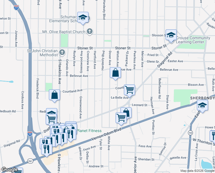 map of restaurants, bars, coffee shops, grocery stores, and more near 1258 Dover Avenue in Akron