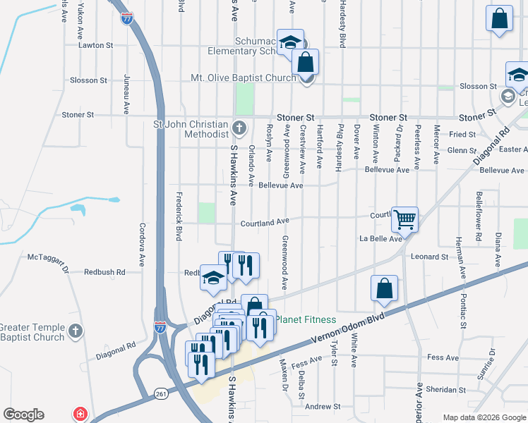 map of restaurants, bars, coffee shops, grocery stores, and more near 1169 Courtland Avenue in Akron