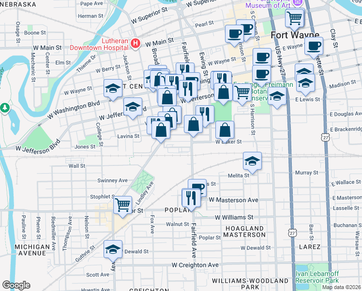 map of restaurants, bars, coffee shops, grocery stores, and more near 521 Hendricks St in Fort Wayne