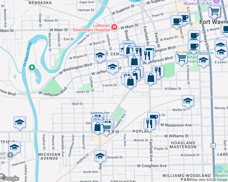 map of restaurants, bars, coffee shops, grocery stores, and more near 901-999 Leykauf St in Fort Wayne