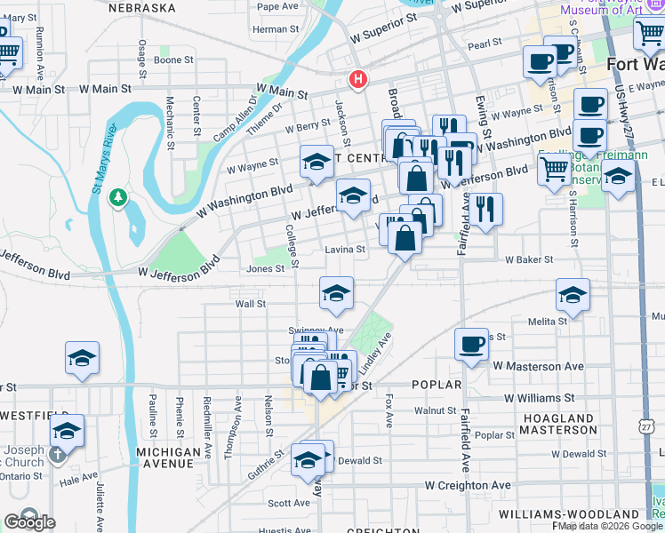 map of restaurants, bars, coffee shops, grocery stores, and more near 1327 Rockhill Street in Fort Wayne