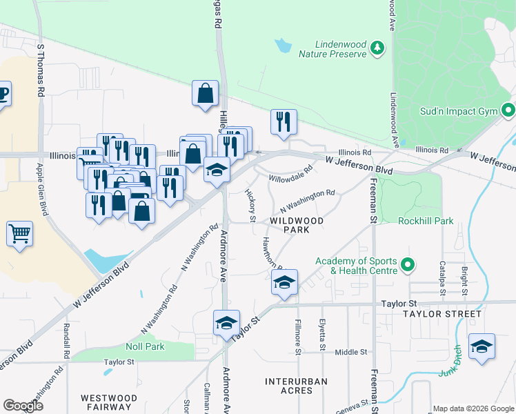 map of restaurants, bars, coffee shops, grocery stores, and more near 3668-3698 N Washington Rd in Fort Wayne
