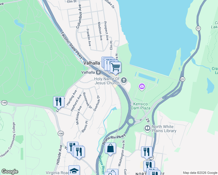 map of restaurants, bars, coffee shops, grocery stores, and more near 40 Hillside Avenue in Valhalla