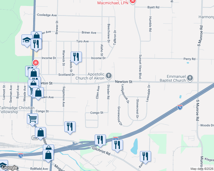 map of restaurants, bars, coffee shops, grocery stores, and more near 465 Strader Road in Akron