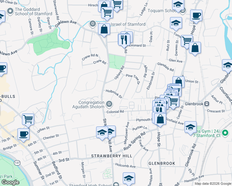 map of restaurants, bars, coffee shops, grocery stores, and more near Holbrook Drive in Stamford