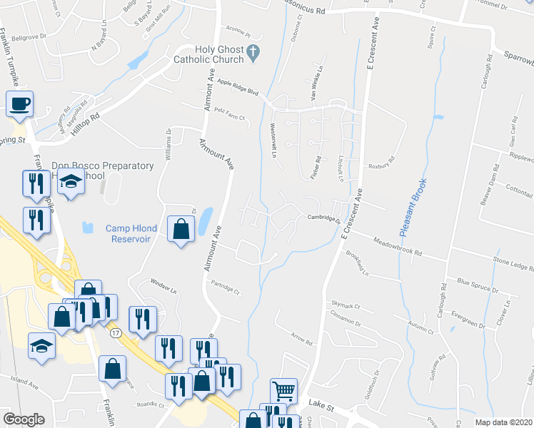 map of restaurants, bars, coffee shops, grocery stores, and more near 381 Cambridge Drive in Ramsey