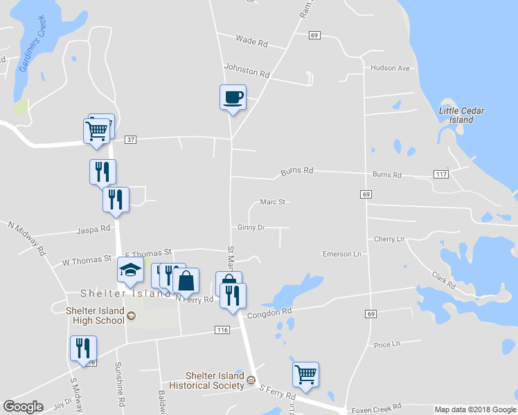 map of restaurants, bars, coffee shops, grocery stores, and more near 6 Marc Street in Shelter Island