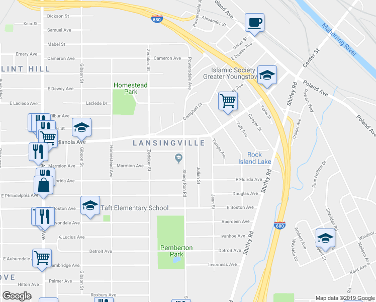 map of restaurants, bars, coffee shops, grocery stores, and more near 2731 Shady Run Road in Youngstown