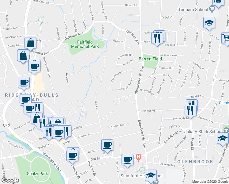 map of restaurants, bars, coffee shops, grocery stores, and more near 15 Fieldstone Terrace in Stamford