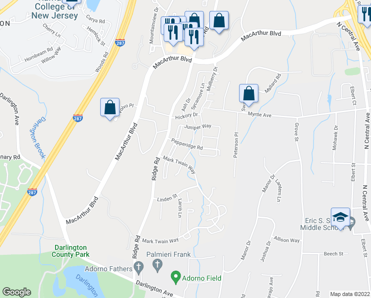 map of restaurants, bars, coffee shops, grocery stores, and more near 585 Lilac Lane in Mahwah