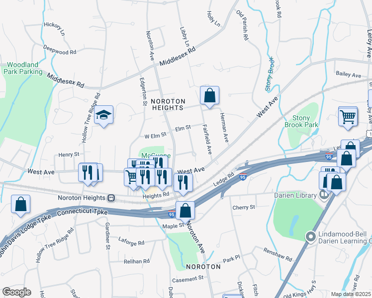 map of restaurants, bars, coffee shops, grocery stores, and more near 7 Allen-O'Neill Drive in Darien