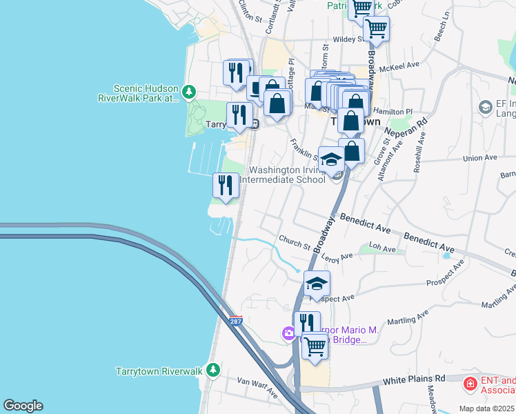 map of restaurants, bars, coffee shops, grocery stores, and more near 31 Bridge Street in Tarrytown