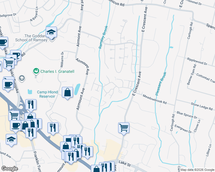 map of restaurants, bars, coffee shops, grocery stores, and more near 331 Cambridge Drive in Ramsey