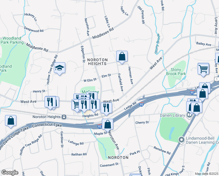 map of restaurants, bars, coffee shops, grocery stores, and more near 9 Allen Oneill Drive in Darien