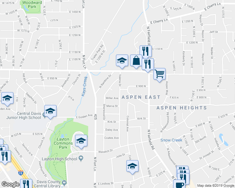 map of restaurants, bars, coffee shops, grocery stores, and more near 831 North Valeria Drive in Layton