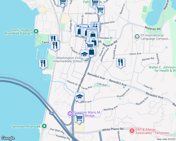 map of restaurants, bars, coffee shops, grocery stores, and more near 120 South Broadway in Tarrytown