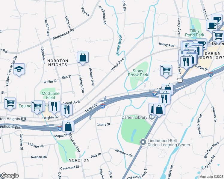 map of restaurants, bars, coffee shops, grocery stores, and more near 50 Ledge Road in Darien