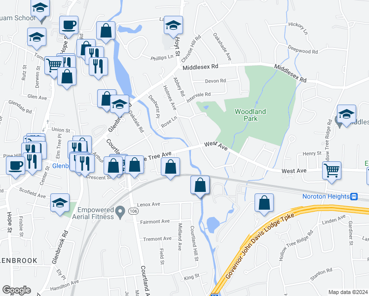 map of restaurants, bars, coffee shops, grocery stores, and more near 101 Maple Tree Avenue in Stamford