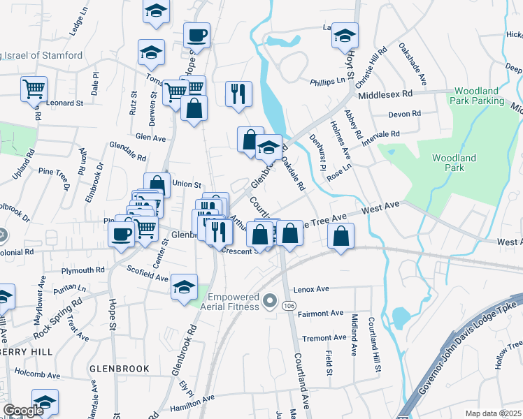 map of restaurants, bars, coffee shops, grocery stores, and more near 35 Arthur Place in Stamford