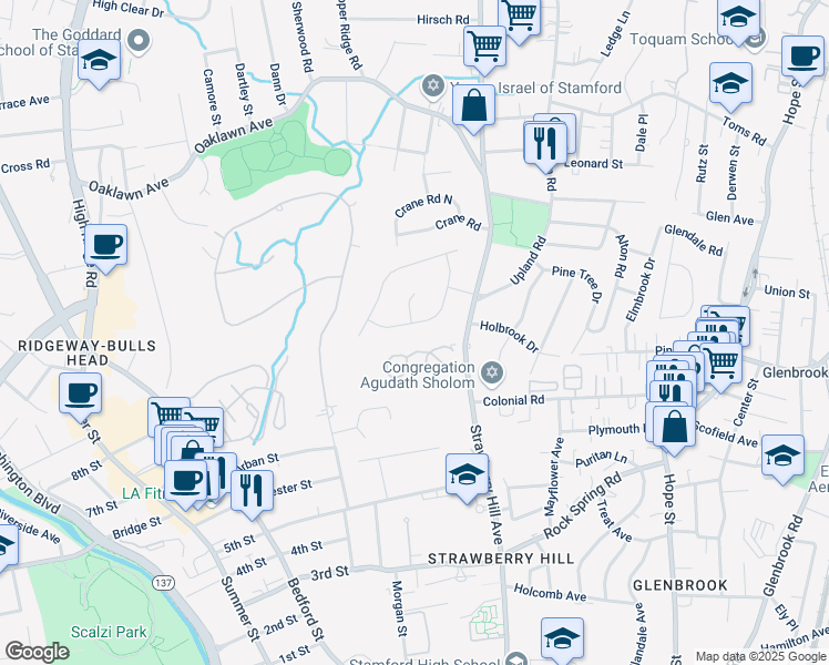 map of restaurants, bars, coffee shops, grocery stores, and more near 45 Fieldstone Terrace in Stamford