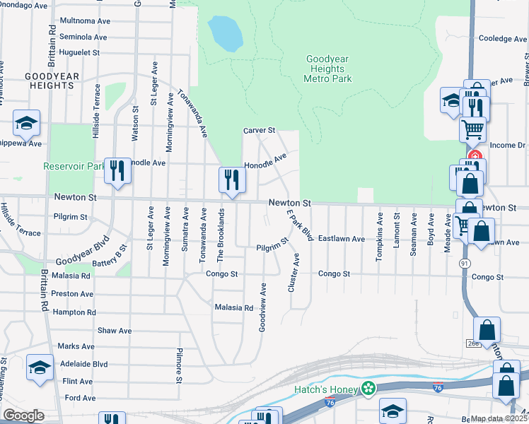 map of restaurants, bars, coffee shops, grocery stores, and more near 345 Frazier Avenue in Akron