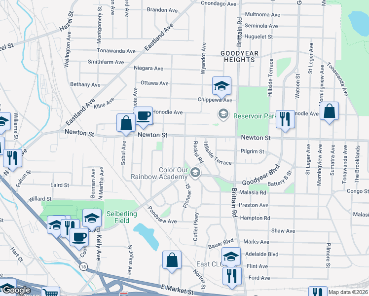 map of restaurants, bars, coffee shops, grocery stores, and more near 314 Pioneer Street in Akron