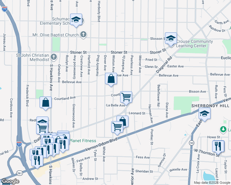 map of restaurants, bars, coffee shops, grocery stores, and more near 1230 Winton Avenue in Akron