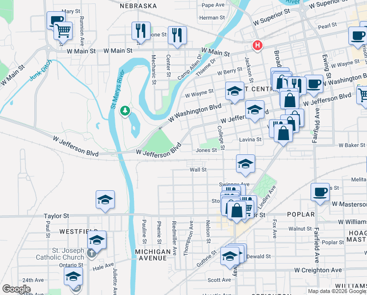 map of restaurants, bars, coffee shops, grocery stores, and more near 1331 Jones Street in Fort Wayne