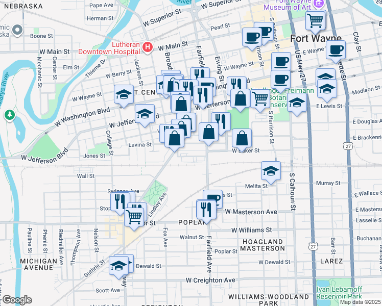 map of restaurants, bars, coffee shops, grocery stores, and more near 625 Hendricks Street in Fort Wayne