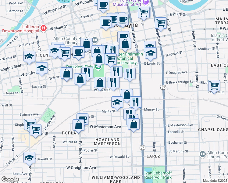 map of restaurants, bars, coffee shops, grocery stores, and more near 221 West Baker Street in Fort Wayne