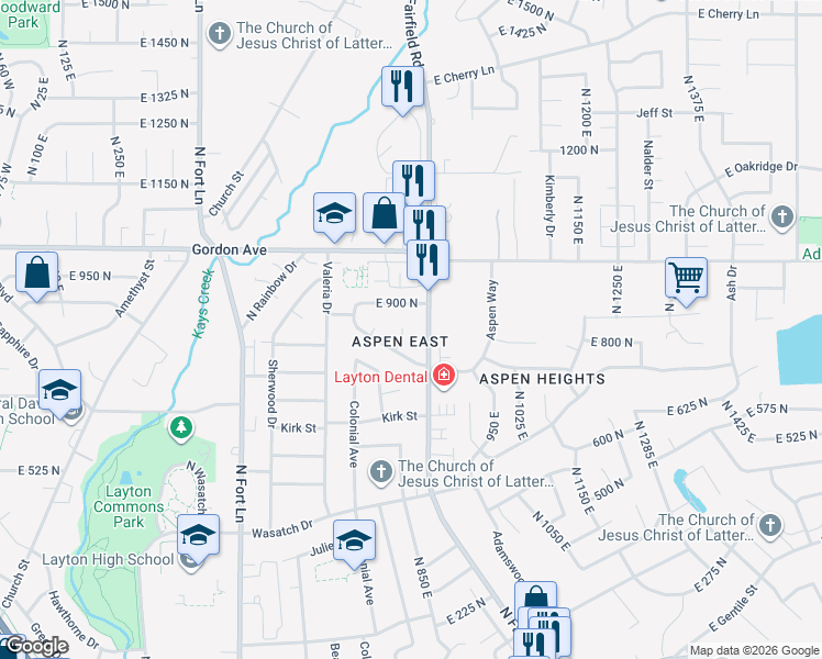 map of restaurants, bars, coffee shops, grocery stores, and more near 934 North 800 East in Layton