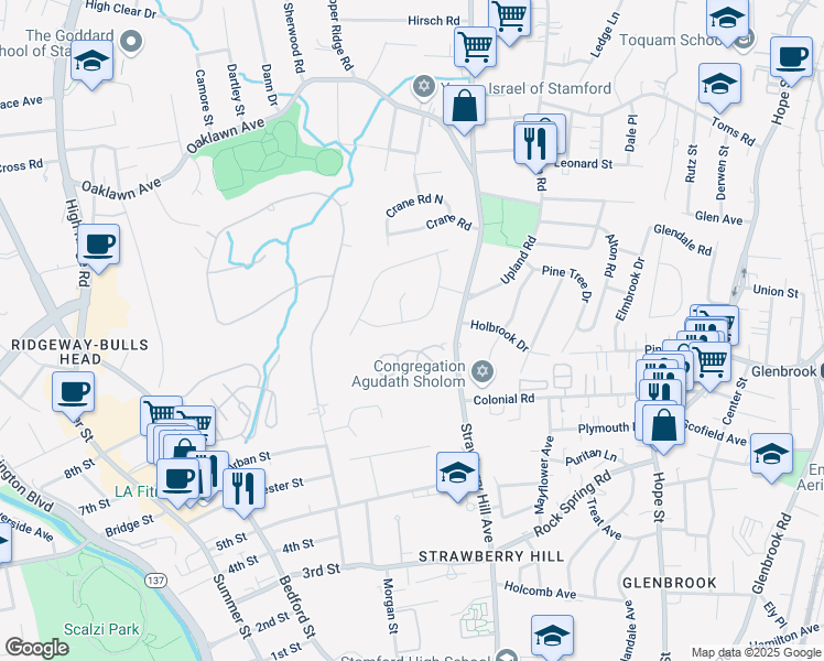 map of restaurants, bars, coffee shops, grocery stores, and more near 45 Fieldstone Terrace in Stamford