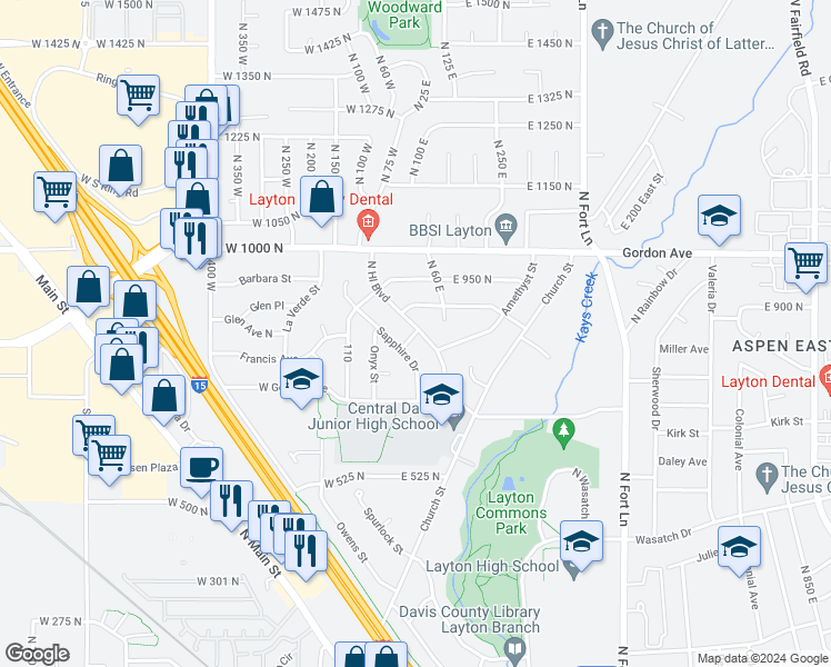 map of restaurants, bars, coffee shops, grocery stores, and more near 18 West 825 North in Layton