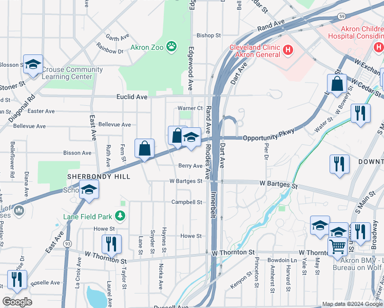 map of restaurants, bars, coffee shops, grocery stores, and more near 450 Vernon Odom Boulevard in Akron