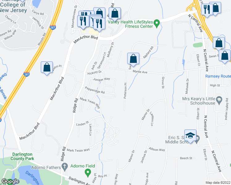 map of restaurants, bars, coffee shops, grocery stores, and more near 714 Juniper Way in Mahwah