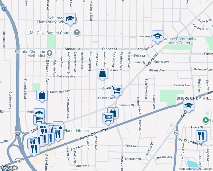 map of restaurants, bars, coffee shops, grocery stores, and more near 1177 Winton Avenue in Akron