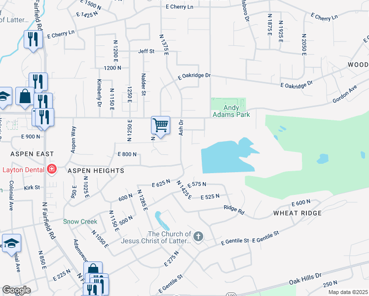 map of restaurants, bars, coffee shops, grocery stores, and more near 884 Ash Drive in Layton