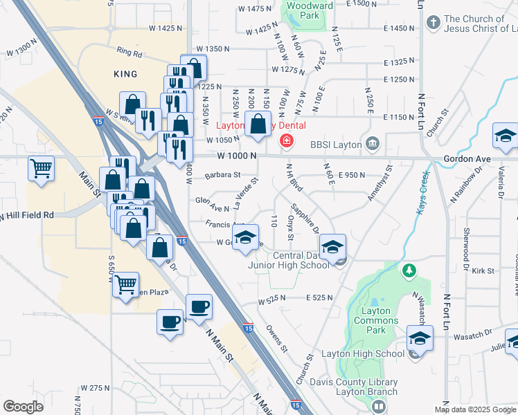 map of restaurants, bars, coffee shops, grocery stores, and more near 278 West Francis Avenue in Layton