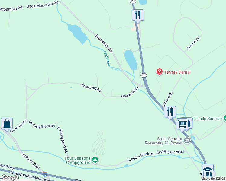 map of restaurants, bars, coffee shops, grocery stores, and more near 323 Frantz Hill Road in Monroe County