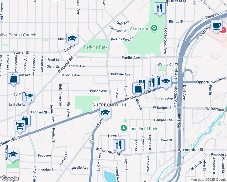 map of restaurants, bars, coffee shops, grocery stores, and more near 937 East Avenue in Akron