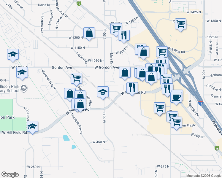 map of restaurants, bars, coffee shops, grocery stores, and more near 889 North 1125 West in Layton