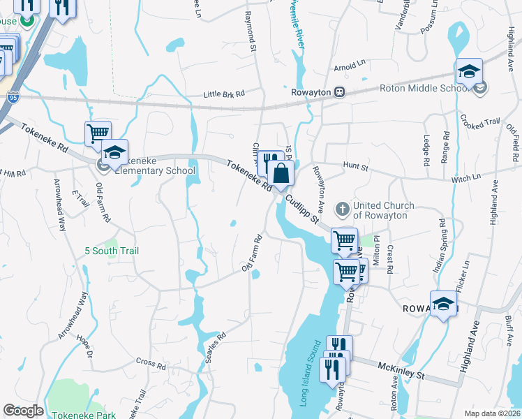map of restaurants, bars, coffee shops, grocery stores, and more near 10 5 Mile River Road in Darien