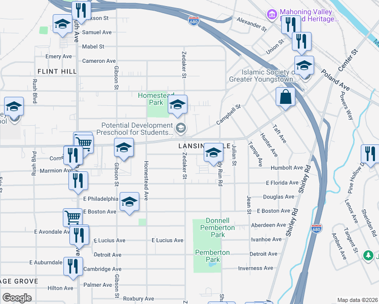 map of restaurants, bars, coffee shops, grocery stores, and more near 905 East Indianola Avenue in Youngstown