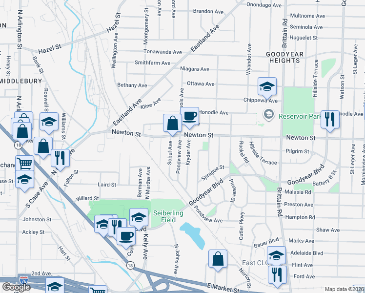map of restaurants, bars, coffee shops, grocery stores, and more near 1324 Newton Street in Akron