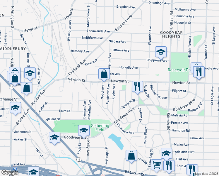 map of restaurants, bars, coffee shops, grocery stores, and more near 1283 Newton Street in Akron