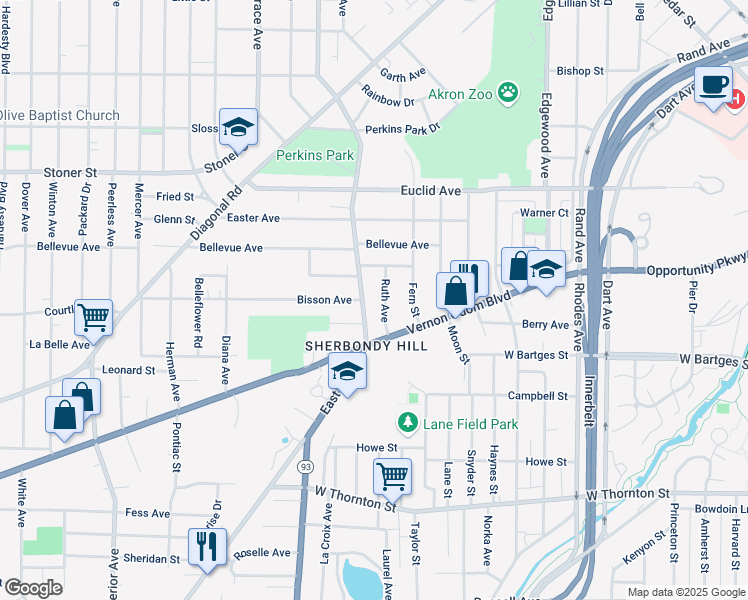 map of restaurants, bars, coffee shops, grocery stores, and more near 937 East Avenue in Akron