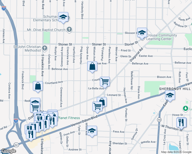 map of restaurants, bars, coffee shops, grocery stores, and more near 1177 Winton Avenue in Akron