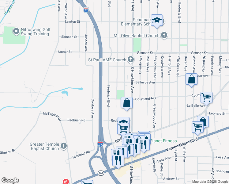 map of restaurants, bars, coffee shops, grocery stores, and more near 1329 Seward Avenue in Akron