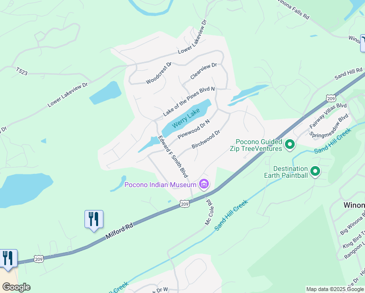 map of restaurants, bars, coffee shops, grocery stores, and more near 22 Lake of the Pines in East Stroudsburg
