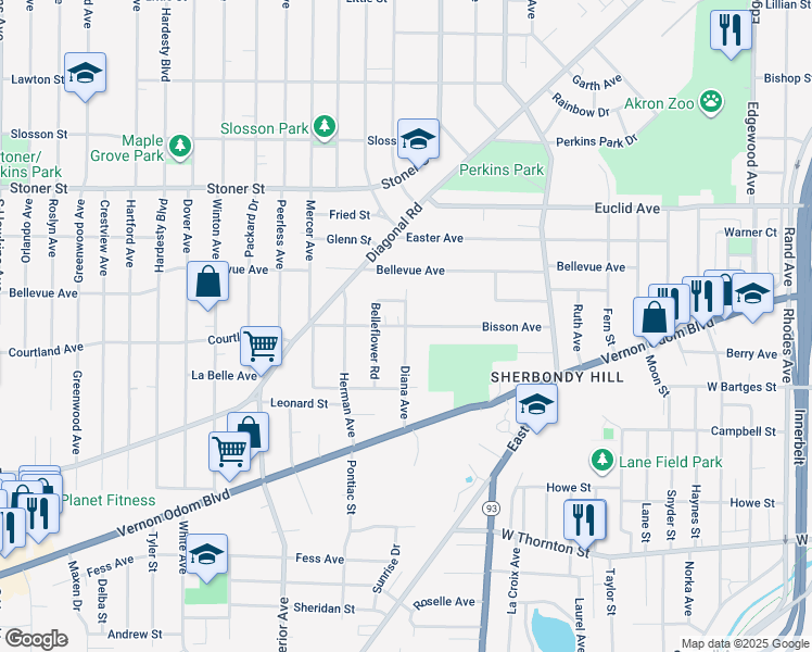 map of restaurants, bars, coffee shops, grocery stores, and more near 914 Diana Avenue in Akron